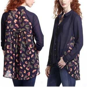 Maeve || Woman’s Hi Low Long Sheer Blouse Floral Navy Blue size M